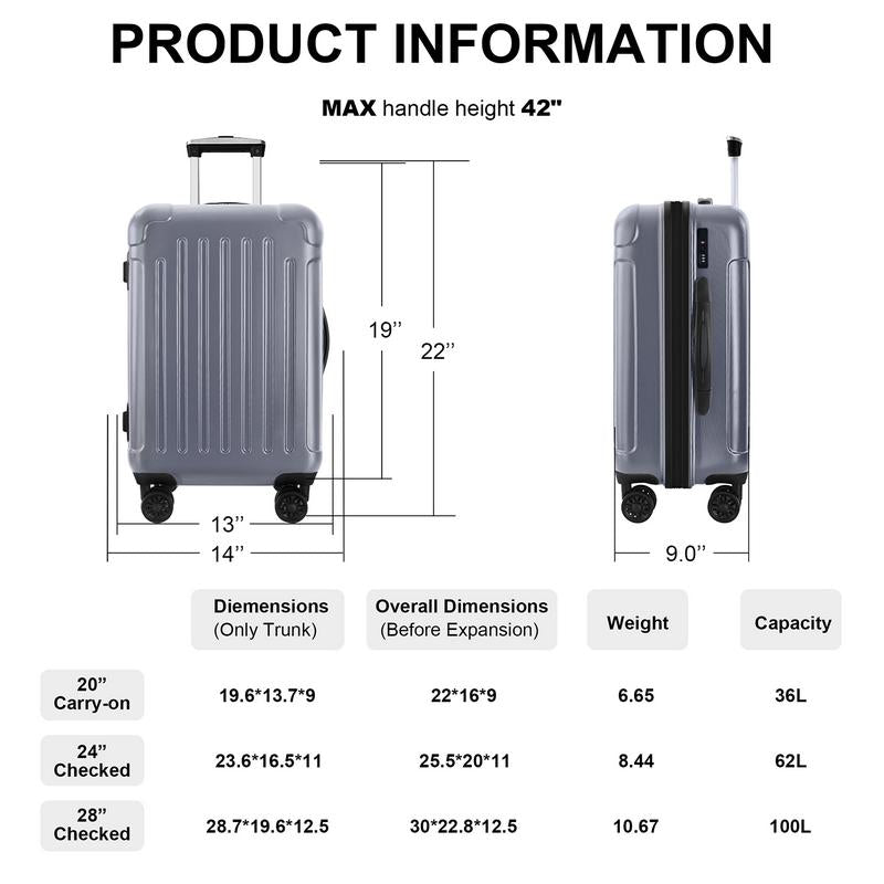 3-Piece Luggage Set with Rotating Wheels ABS+PC Lightweight (20 "/24"/28 "), Gray