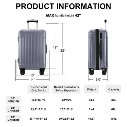 3-Piece Luggage Set with Rotating Wheels ABS+PC Lightweight (20 "/24"/28 "), Gray